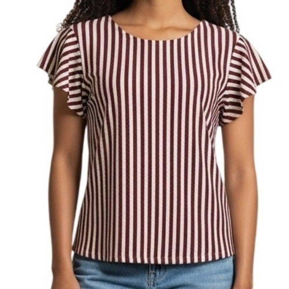 ANTHROPOLOGIE EVA‎ FRANCO Red White Navy Jacquard Flutter Sleeve Tie Back Top M